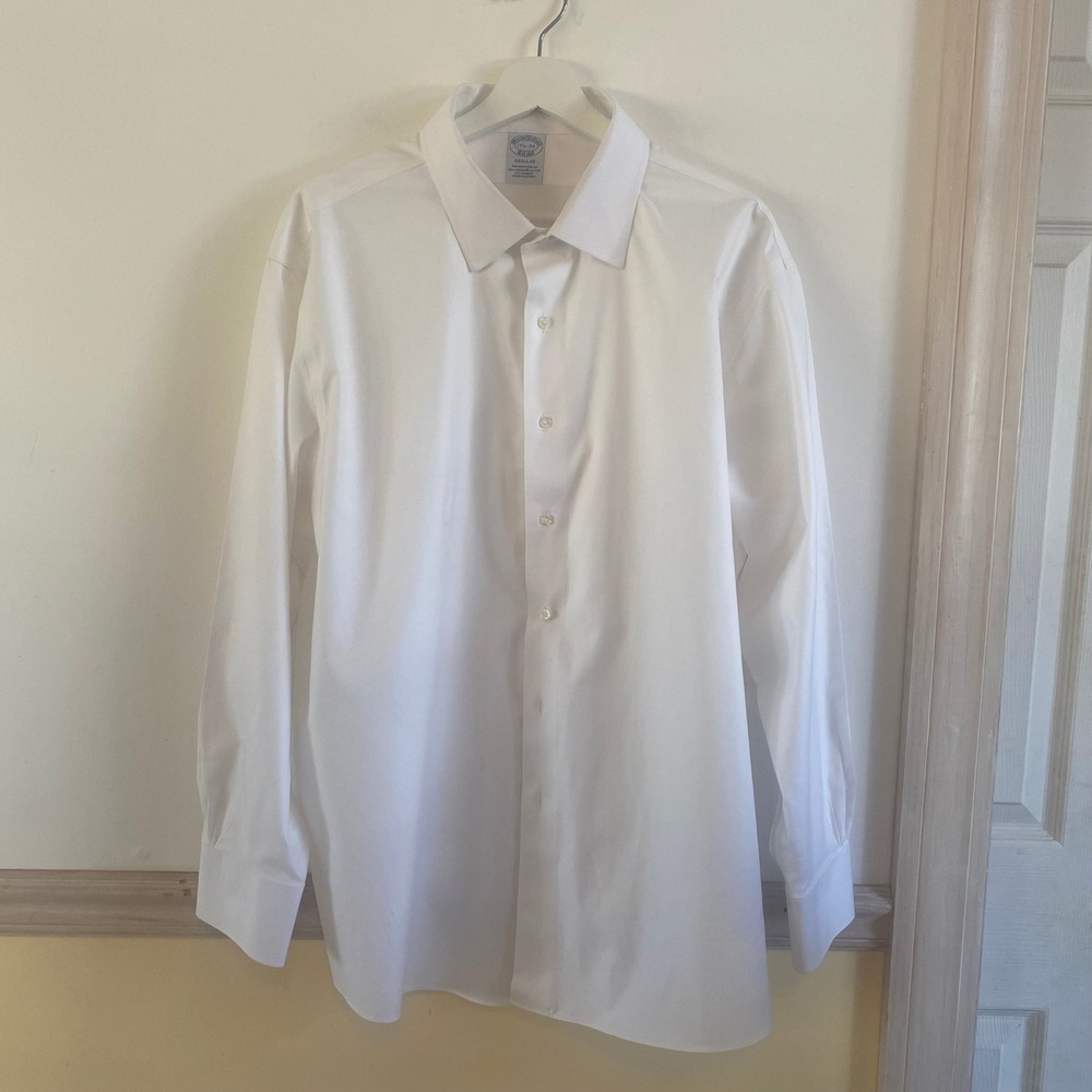 Brooks Brothers Mens White Dress Shirt Regular Stretch Supima Cotton 17‎ 1/2 34